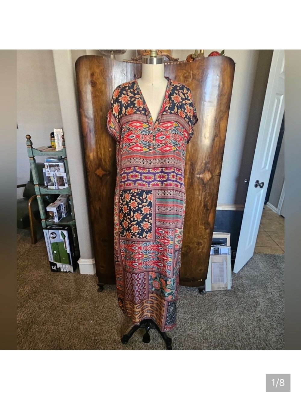 Johnny Was Silk and Cotton Boho Patchwork Maxi Dress in Multicolor